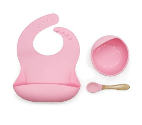 Szilikon étkészlet babáknak, állítható előke és vákuumtalpas tányér kanálkával rózsaszín