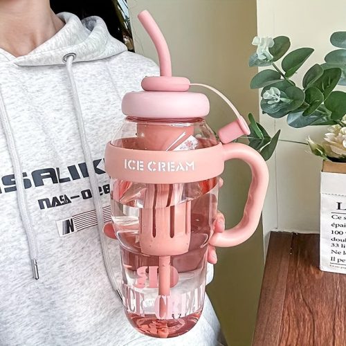 Nagy kapacitású 1200 ml-es műanyag sport vizespalack fogantyúval és szívószállal #Rózsaszín