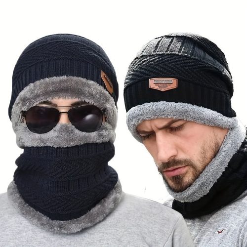 Téli Gyapjú Szélálló Kötött Férfi Sapka #Fekete