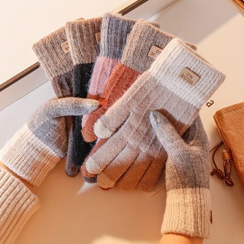 1 Pár Téli Érintőképernyős Kötött Kesztyű, Unisex #Barna