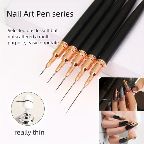 5db Rózsaszín/fekete Nail Art Ecsetek A Részletekért, Long Nail Art Line Ecsetek Manikűrzselé Finom Mintákhoz #Fekete